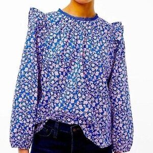 J Crew Womens Ruffle Shoulder Top S Blue Pink Floral Cotton Cottagecore Blouse